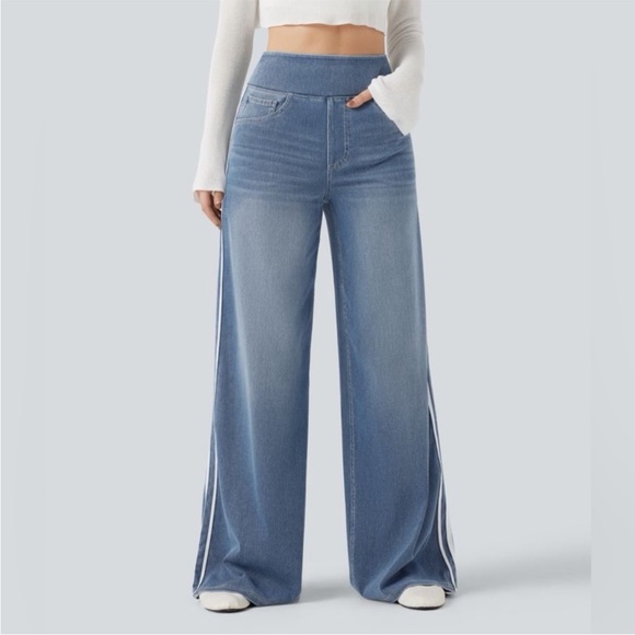 HALARA Pants - NWOT Halara Flex High Waisted Stripe Wide Leg Flowy Washed Casual Jeans Pockets